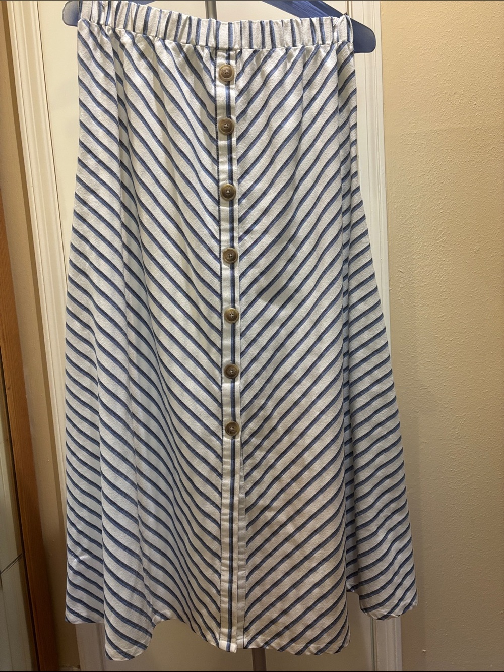 Robert Louis Navy and White Diagonal-Striped Button-Front Maxi Skirt